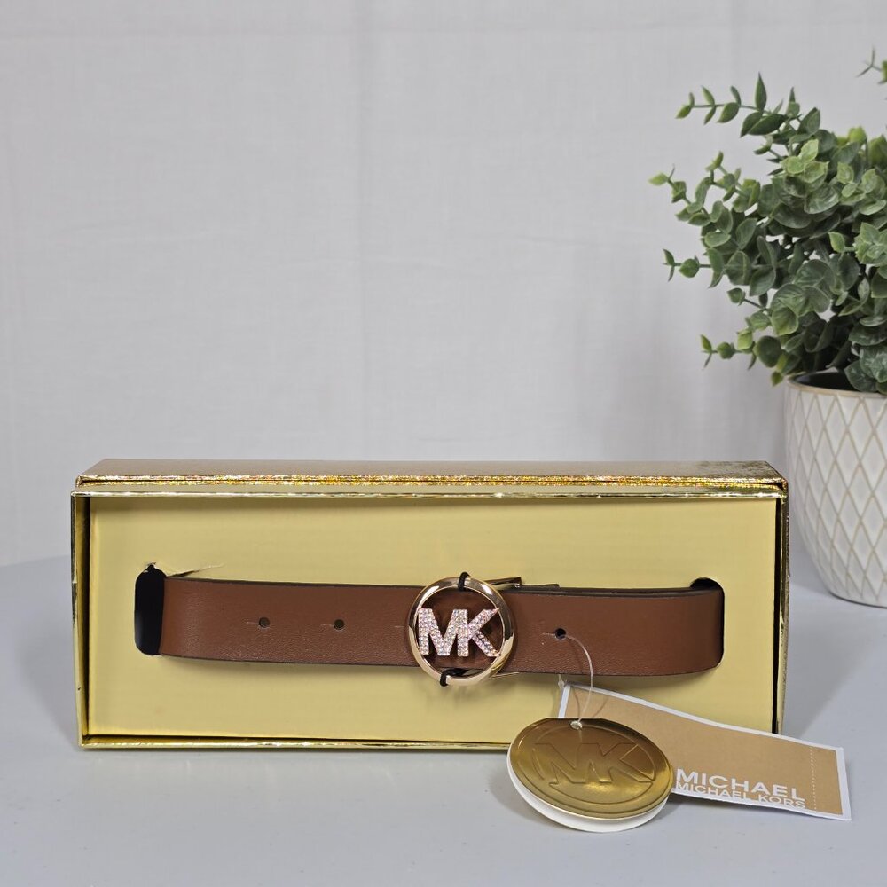 MICHAEL Michael Kors Women Leather Belt Brown Golden Buckle - Gift Box NWT
